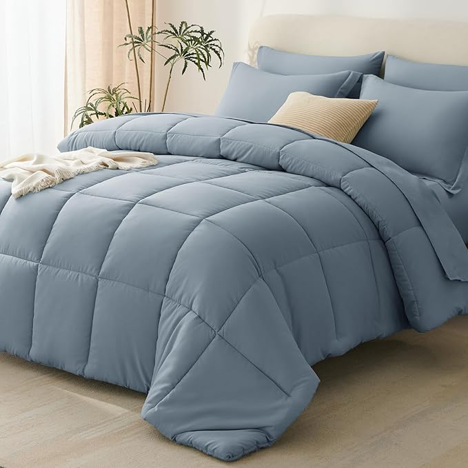 CozyLux Oversized King Comforter Sets Grayish Blue, 7 Pieces Bed in a Bag, 120x98 Box Stitched Design Bedding Set, All Season Soft Bed Set with Down Alternative Comforter, Sheets, Pillowcases & Shams
