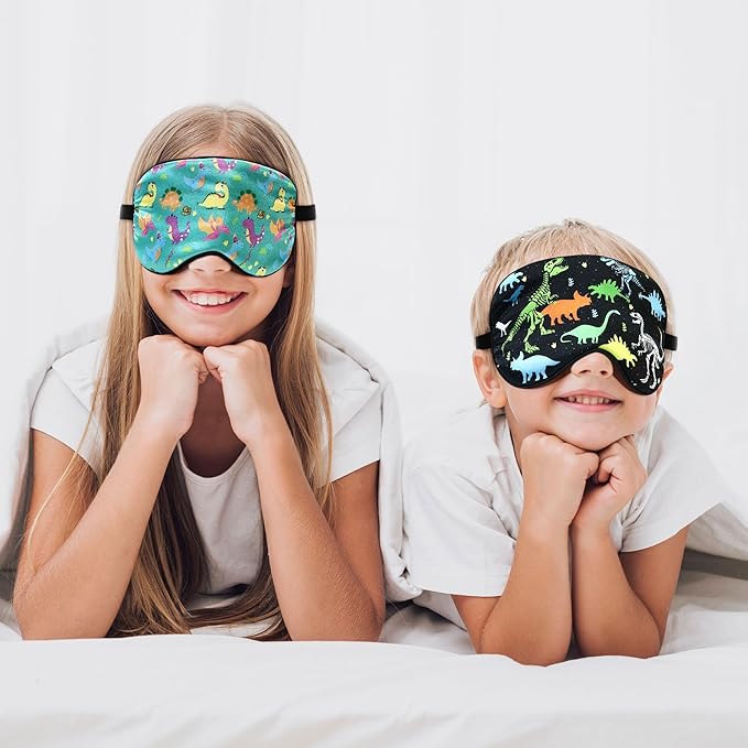 2 Pcs Sleep Mask,Cute Dinosaur World Blackout Sleeping Mask for Kids Teen,Funny Eye Mask with Adjustable Strap for Home Party Children's Travel Soft Eye Cover Blindfold (Black+Green)