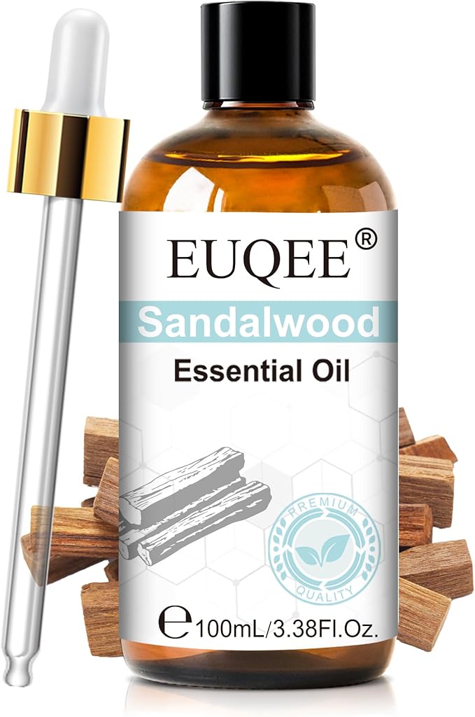EUQEE 100ml Sandalwood Essential Oil, Pure Sandalwood Essential Oil for Diffuser, Massage, DIY Soap,Candle Making, Skin & Hair Care - 3.38 Fl Oz