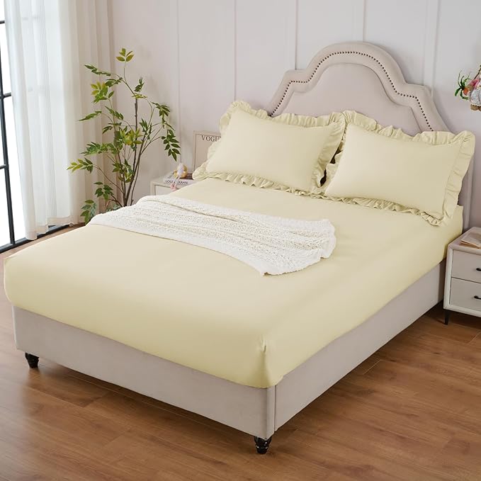 Homiest 3-Pieces Ruffle Pillow Case & Fitted Sheet Set, Cream Full Sheets with 2 Ruffled Pillow Shams, 15 Inch Deep Pocket, Cute & Coquette Microfiber Bed Set for Decorating Bedroom Hotel