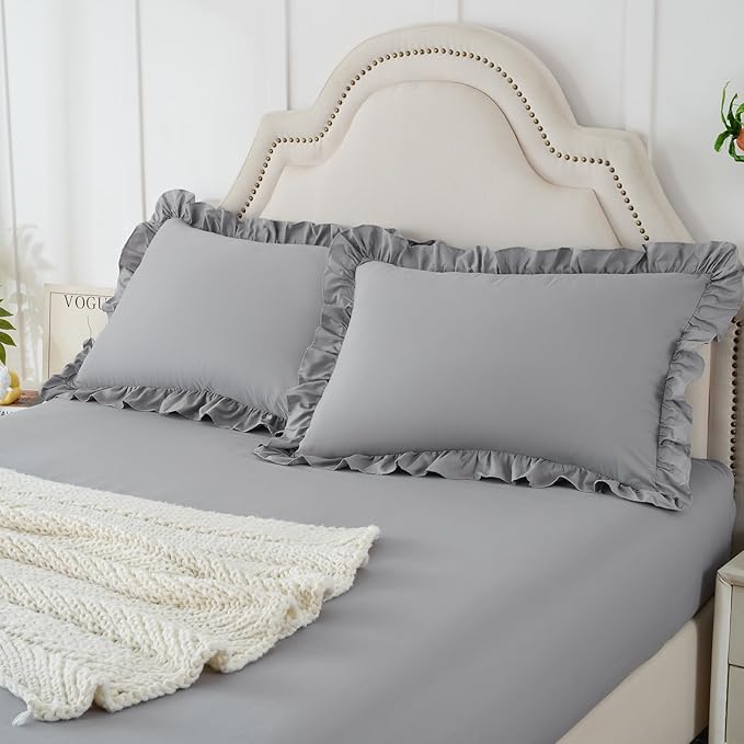Homiest 3-Pieces Ruffle Pillow Case & Fitted Sheet Set, Grey King Sheets with 2 Ruffled Pillow Shams, 15 Inch Deep Pocket, Cute & Coquette Microfiber Bed Set for Decorating Bedroom Hotel