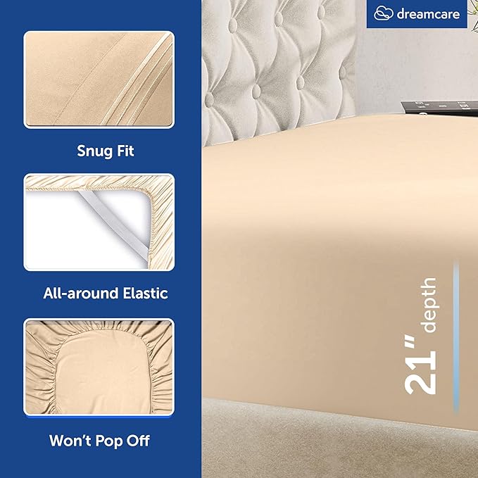 DREAMCARE Queen Sheet Set - 6 pcs Breathable Cooling Bed Sheets - up to 21" Extra Deep Pocket Queen Sheets Set with Side Pockets - Extra Soft 100% Brushed Hypoallergenic Hotel Luxury Bedding - Wheat