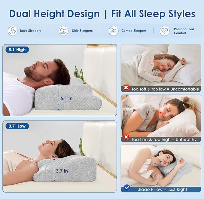 Cervical Pillow for Neck Pain Relief, Sleep Apnea Pillow, Cooling Memory Foam Pillow Ergonomic Orthopedic Contour for Side, Back and Stomach Sleepers, 2 in 1 Neck Shoulder Relief System Bed Pillow
