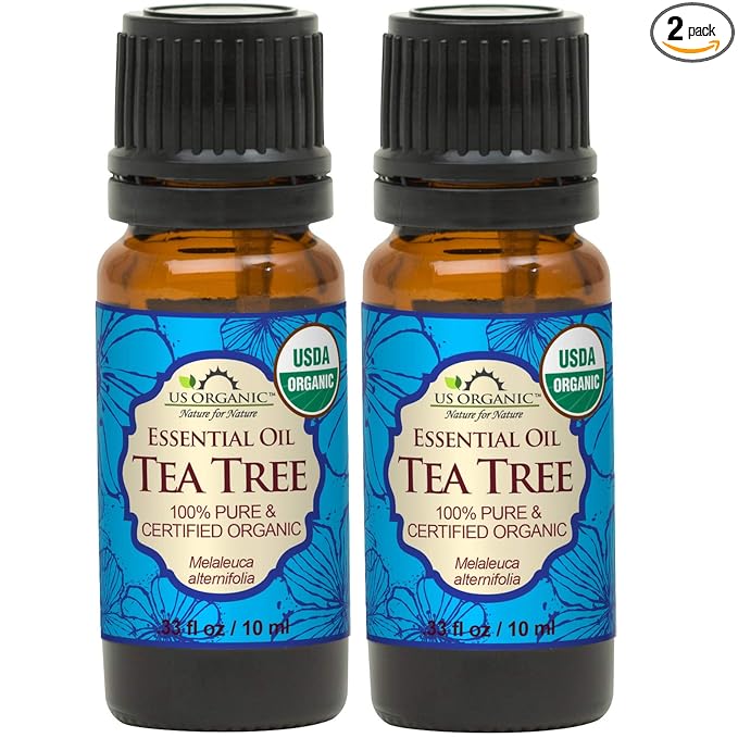 US Organic 100% Pure Tea Tree Essential Oil, Steam Distilled, USDA Certified Organic, for Hair, Skin, Scalp, Foot, Toenails, and More. Sourced from South Africa, Undiluted, Non-GMO (10 ml, 2 Pack)