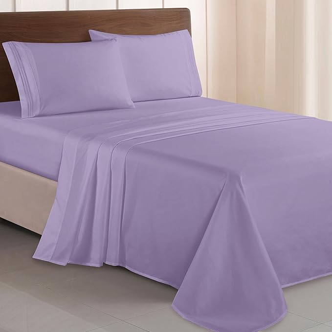 Elegant Comfort Luxurious 1500 Premium Hotel Quality Microfiber Three Line Embroidered Softest 4-Piece Bed Sheet Set, Wrinkle and Fade Resistant, King, Lavender