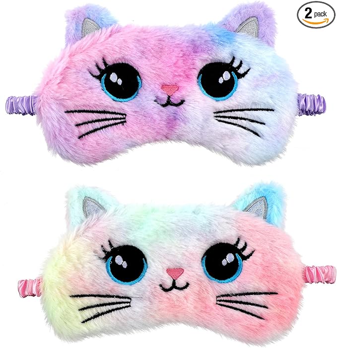 2 Pcs Plush Eye Mask Soft Sleeping Blindfold Eye Cover Comfortable Cute Animal Sleeping Mask Satin Nap Night Eyeshade Cover for Women Men Gift (Colorful, Cat Style)