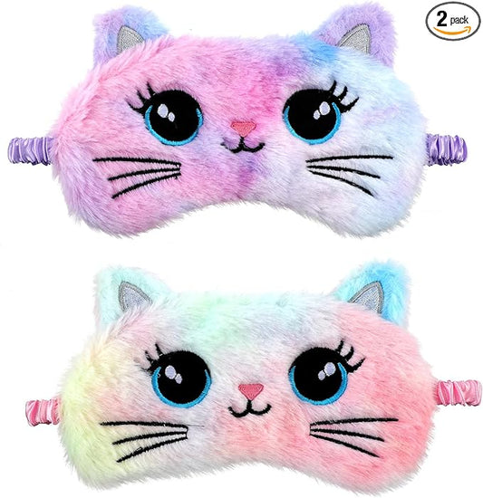 2 Pcs Plush Eye Mask Soft Sleeping Blindfold Eye Cover Comfortable Cute Animal Sleeping Mask Satin Nap Night Eyeshade Cover for Women Men Gift (Colorful, Cat Style)