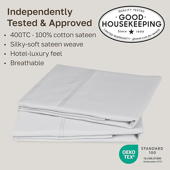California Design Den Queen/Standard Pillow Cases Set of 2-400 Thread Count Sateen, Natural 100% Cotton Pillowcases Queen, Soft, Roomy and Breathable - Silver