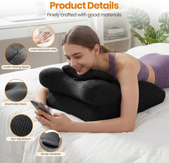 Memory Foam Ergonomic Wedge Pillow for Sleeping, Acid Reflux & Snoring Relief, 27°Angle Perfect Position Wedge Pillow with Washable Cover, Comfort Support for Waist, Neck & Back
