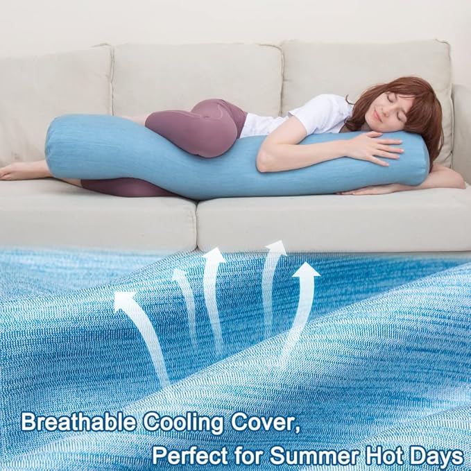 1 MIDDLE ONE Body Pillow, Bolster Pillow with Cooling Cover, Long Round Roll Cylinder Pillow for Bed, 47" x 7.87", Blue