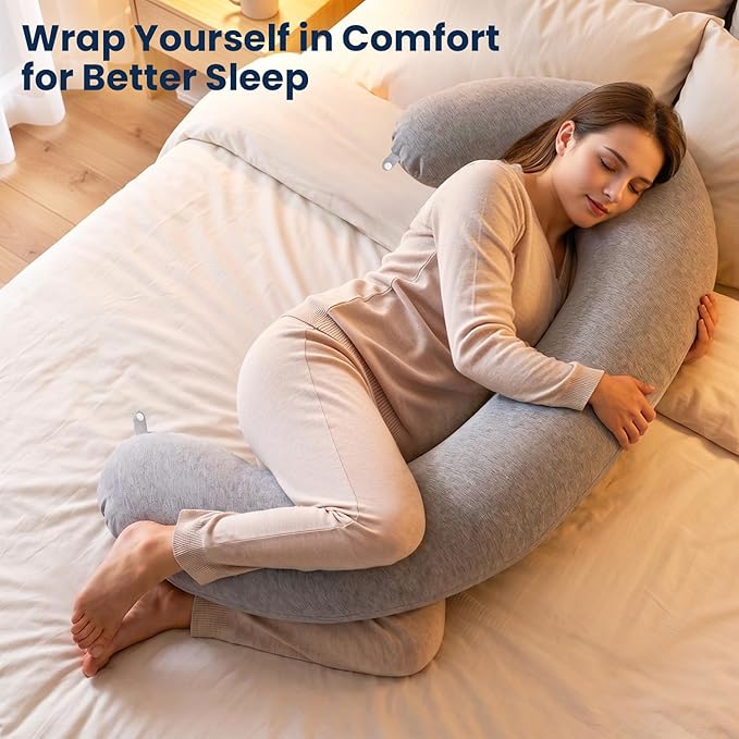 TranquilRelax C Shaped Body Pillow for Side Sleepers, Memory Foam Long Pillow for Leg, Hip & Back Support, Soft Washable Cover,Grey-47"*10"