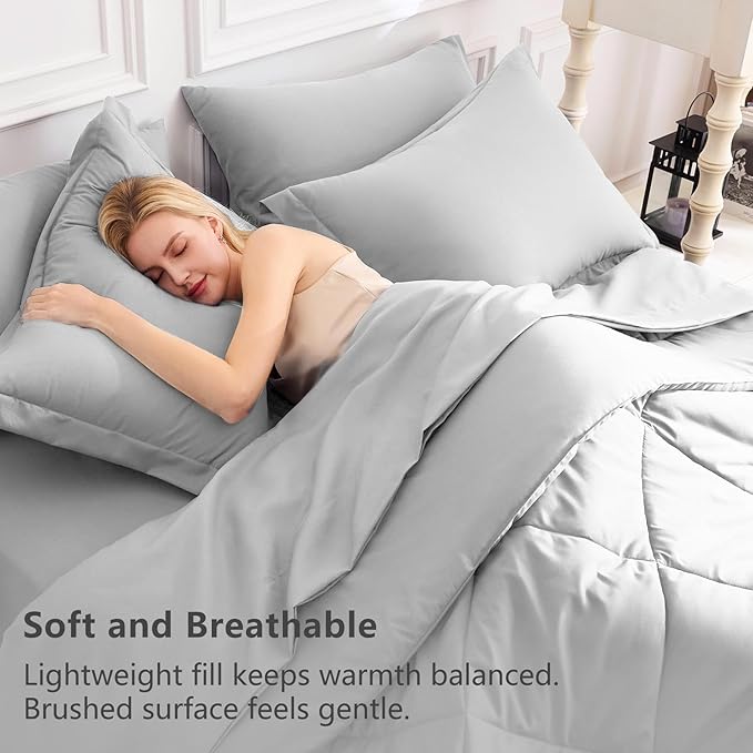 CozyLux Twin XL Comforter Set Light Grey - 5 Pieces Twin Extra Long Bed in a Bag for College Dorm, All Season Bedding Set for Girls and Boys, Soft Bed Set with Comforter, Sheets, Pillowcase & Sham