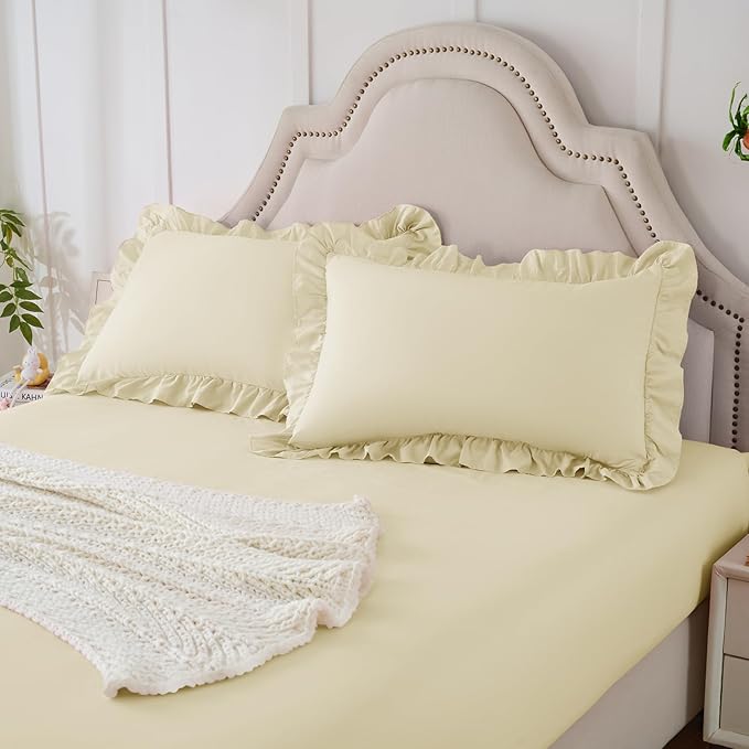 Homiest 3-Pieces Ruffle Pillow Case & Fitted Sheet Set, Cream Queen Sheets with 2 Ruffled Pillow Shams, 15 Inch Deep Pocket, Cute & Coquette Microfiber Bed Set for Decorating Bedroom Hotel