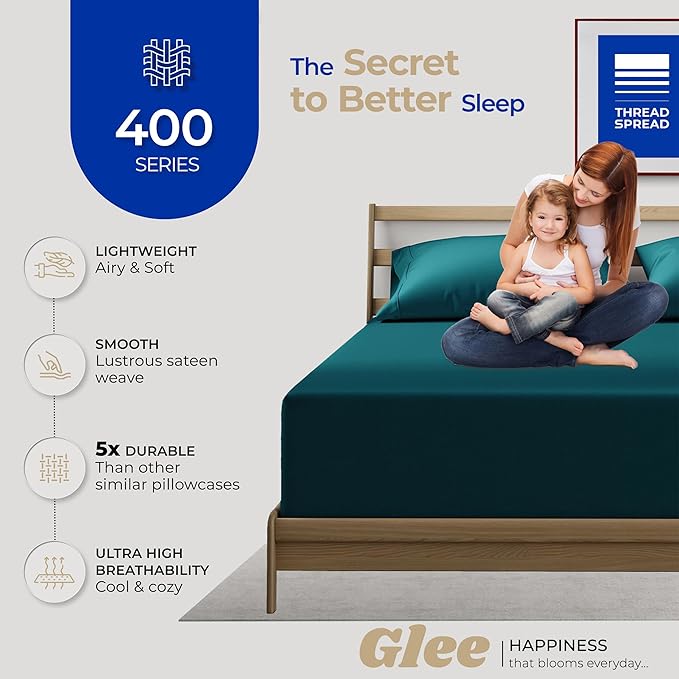 Thread Spread 100% Cotton Pillow Cases Queen Size Set of 2 - Luxury 400 Series Glee Collection Queen Pillow Cases (Teal), Soft Cooling Breathable Hotel Cotton Pillowcases, Fits Standard Pillows