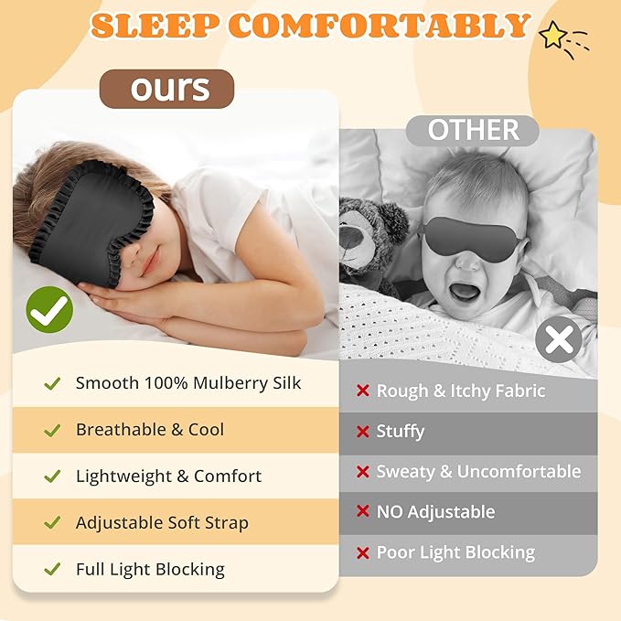 Kids Sleep Mask Eye Cover, 100% Real Mulberry Silk Sleep Mask with Adjustable Strap, Kids Blindfold for Sleeping, Boys Girls Eye Shade for Ages 5+, Soft and No Pressure (Black)