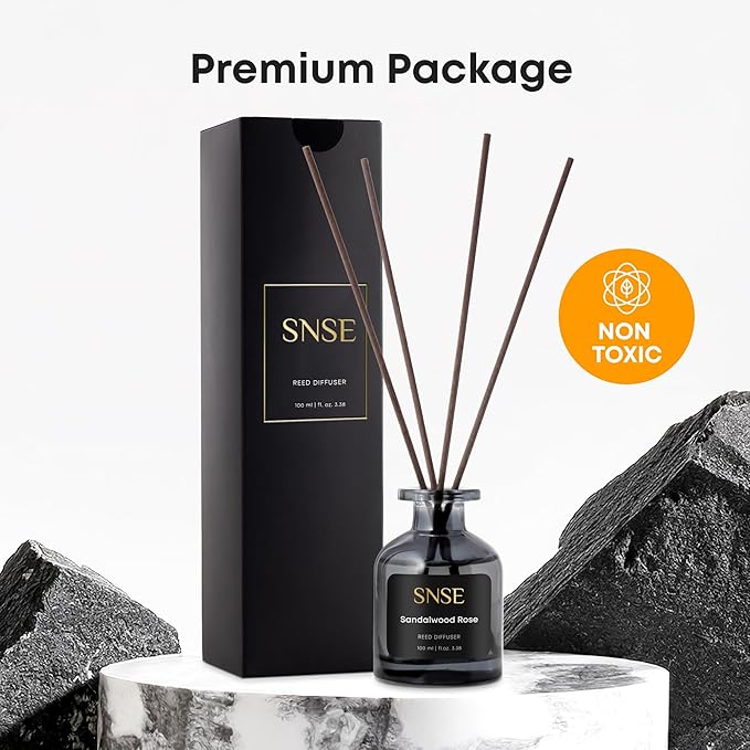 SNSE Sandalwood Rose Reed Diffuser Set | 3.38 oz Scent Fragrance Oil Diffuser for Bedroom, Bathroom, Home Décor and Gift, Decorative Air Fresheners with Sticks