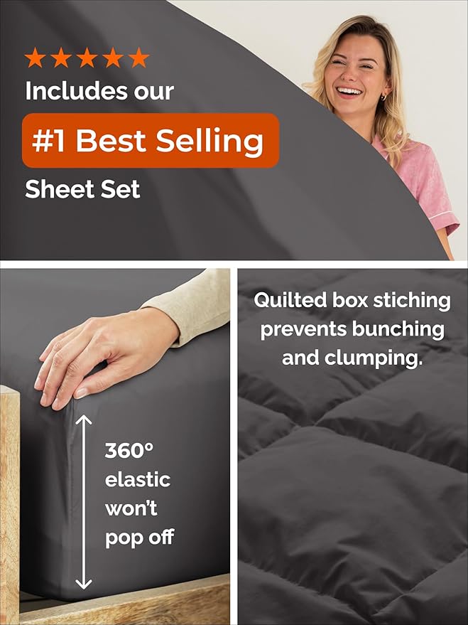 King Comforter Set - 3 Piece Bed Set for All Seasons - 1 Soft Quilted Comforter w/ Corner Tabs & 2 Pillow Shams - Comfy, Cozy & Breathable - Premium Down Duvet Insert - Oeko-TEX - King Size, Dark Grey