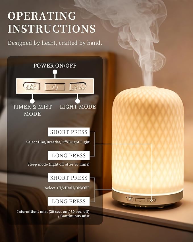 Essential Oil Diffuser - 2.4MHz Ultrasonic Ceramic Diffuser with Pulse/Continuous Mist & Night Light, Waterless Auto-Off, Silent Aromatherapy Diffuser for Home, Office, Yoga, Spa, Gifts & Home Decor.