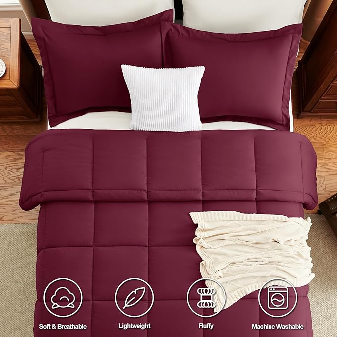 CozyLux Full Size Comforter Sets - Burgundy Comforter Full Size, 3 Pieces Box Stitched Bed Set for All Seasons, Soft Lightweight Bedding Sets with 1 Down Alternative Comforter and 2 Pillow Shams