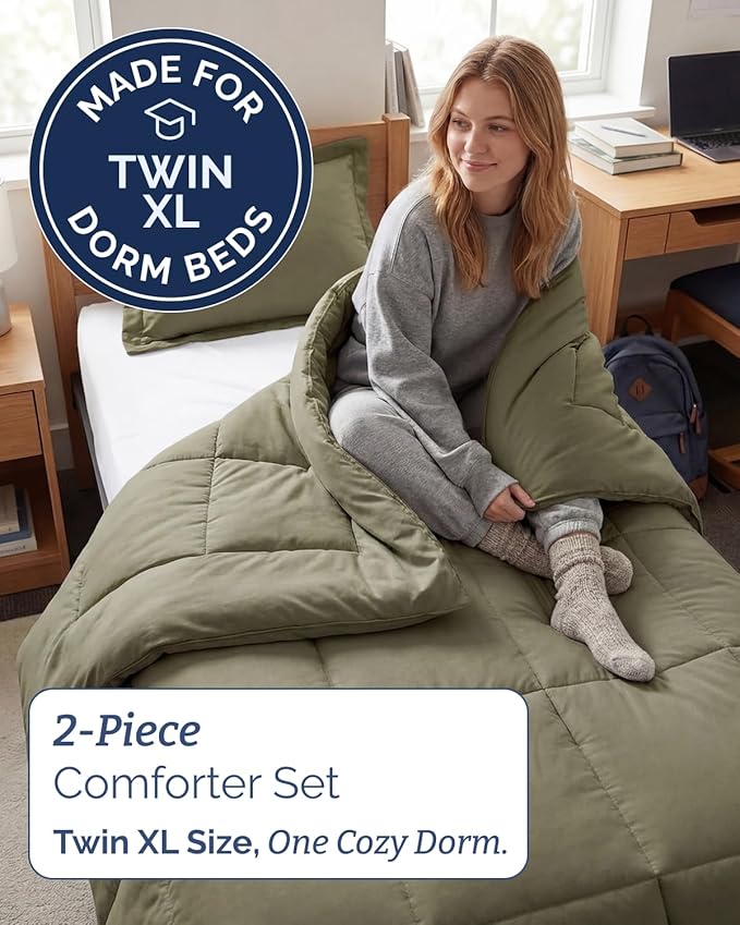 Twin XL Comforter Set - 2 Piece Bed Set for All Seasons - 1 Soft Quilted Comforter w/ Corner Tabs & 1 Pillow Sham - Comfy & Breathable - Premium Down Duvet Insert - Oeko-TEX - Twin XL Size, Sage Green