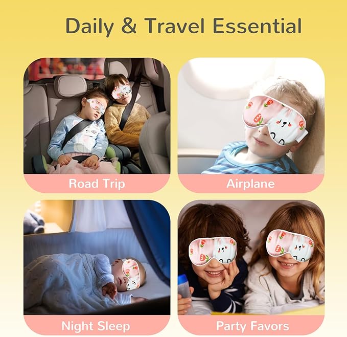 100% Silk Sleep Mask for Kid, Extra Wide Adjustable Velcro Strap, 100% Block Light, Travel Essential for Flight and Roadtrip. Cute Soft Breathable Kids Eye Masks for Sleep Aids. (Bunny, Small)