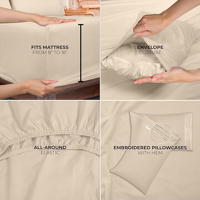 ROYALE LINENS 4 Piece Cal King Sheets Set - Soft Brushed 1800 Microfiber Bedding - 1 Fitted, 1 Flat Sheet, 2 Pillow Cases - Wrinkle Free & Fade Resistant - Hotel Luxury Bed Sheets (Sand, Cal King)
