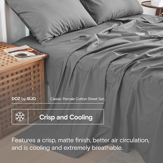 DOZ 100% Long Staple Cotton Sheet Sets, Classic Crisp Percale Weave, Breathable, Matte Finish, Hotel Style, Durable, 4pc – 2 Pillowcases 1 Fitted 1 Flat (Storm, King)