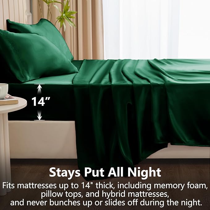 CozyLux Satin Sheets King Size Sheet Set - 4 Piece Silky King Sheets, Luxury Dark Green King Bed Set with Smooth and Soft Microfiber, Includes 1 Fitted Sheet, 1 Flat Sheet and 2 Pillowcases