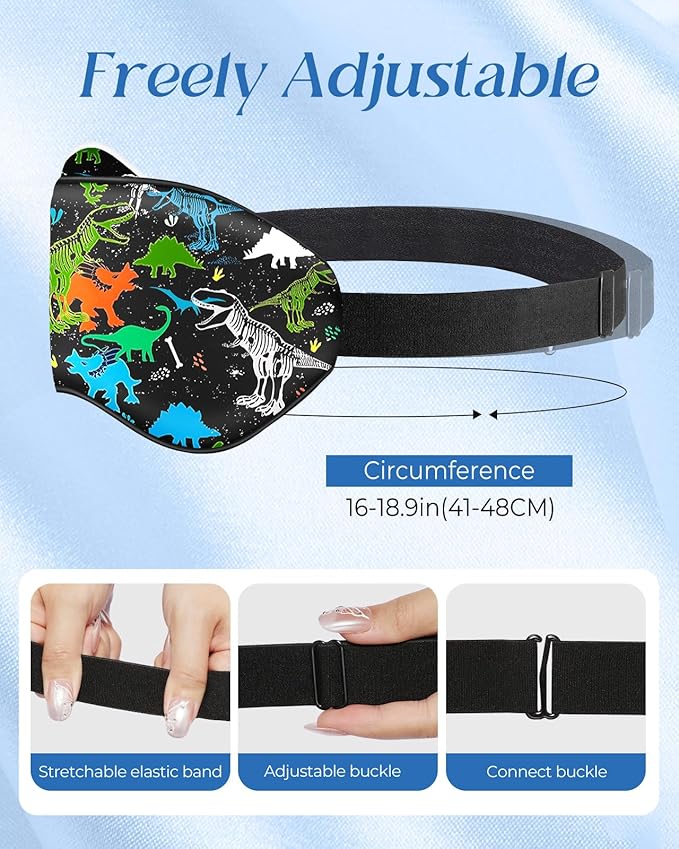 Miss Adola Sleep Mask for Kids - Silk Eye Mask for Sleeping Cute Cartoon Kids Sleep Mask for Boys Girls Teens Soft Smooth Adjustable Straps Silk Kids Eye Cover, Black Dinosaur