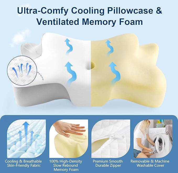 Cervical Pillow for Neck Pain Relief, Sleep Apnea Pillow, Cooling Memory Foam Pillow Ergonomic Orthopedic Contour for Side, Back and Stomach Sleepers, 2 in 1 Neck Shoulder Relief System Bed Pillow