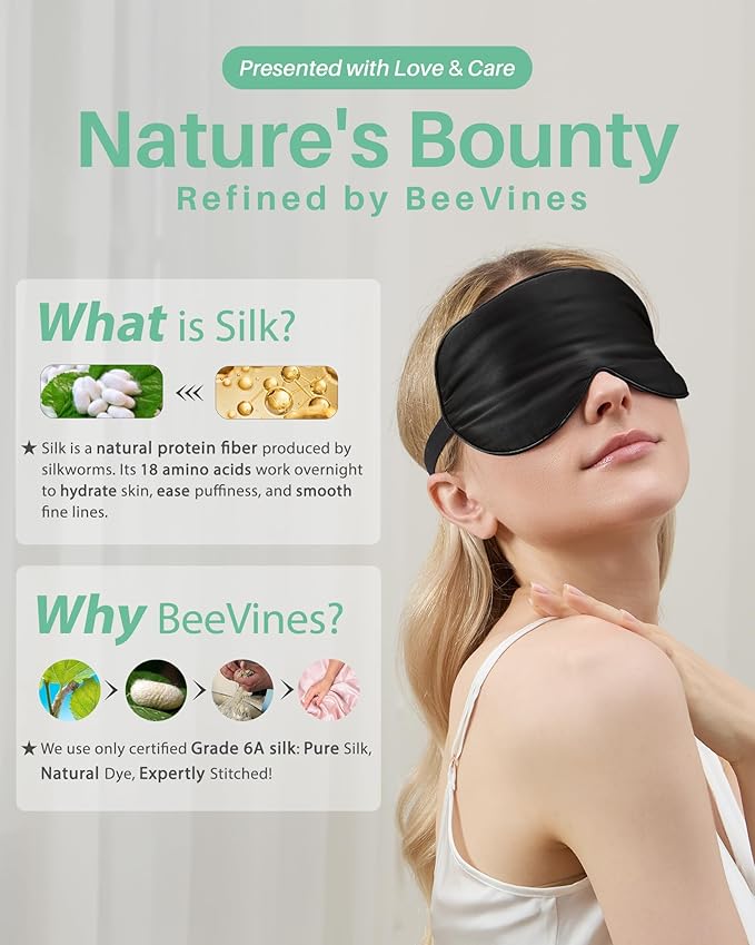 BeeVines Sleep Mask, 2 Pack 100% Real Natural Silk Eye Masks with Adjustable Strap for Sleeping, Mulberry Silk Eye Sleep Shade Cover, Blocks Light Reduces Puffy Eyes Traveling Gifts (Black & Black)