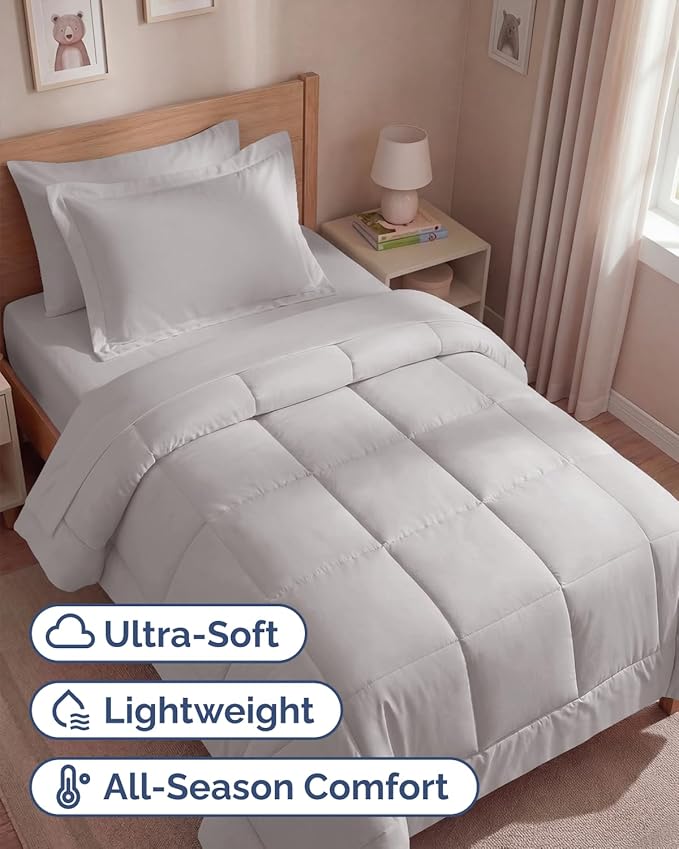 Twin Comforter Set - 5 Piece Bed in a Bag Twin Size Bed Set - Down Alternative Comforter, Flat Sheet, Fitted Sheet, Pillowcase & Sham for All Seasons - Ultra Soft, Comfy and Breathable - Light Grey