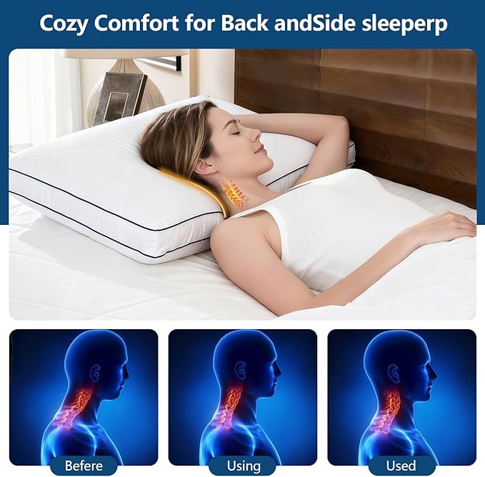 Hotel Luxury Down Alternative Pillows Standard Size Set of 2, Overfilled Gusseted Bed Pillows with Cooling Microfiber, Machine Washable & Breathable for Side, Back, Stomach Sleepers (White)