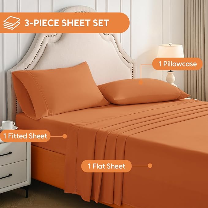 Twin Sheets Set, 3 Pieces Hotel Luxury Soft Microfiber Bed Sheets Set, Up to 16" Deep Pockets, Oeko-Tex Sheets with Elastic, Breathable, Wrinkle Free (Pumpkin Orange, Twin)