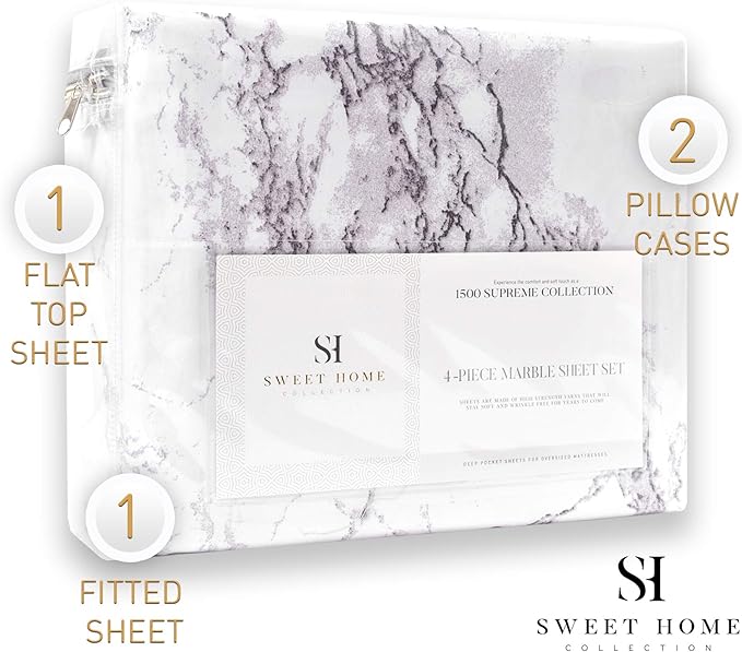 1500 Supreme Collection Extra Soft Marble Print 4-Piece Sheet Set- Luxury Bed Sheets Set with Deep Pocket Wrinkle Free Bedding, Full Size