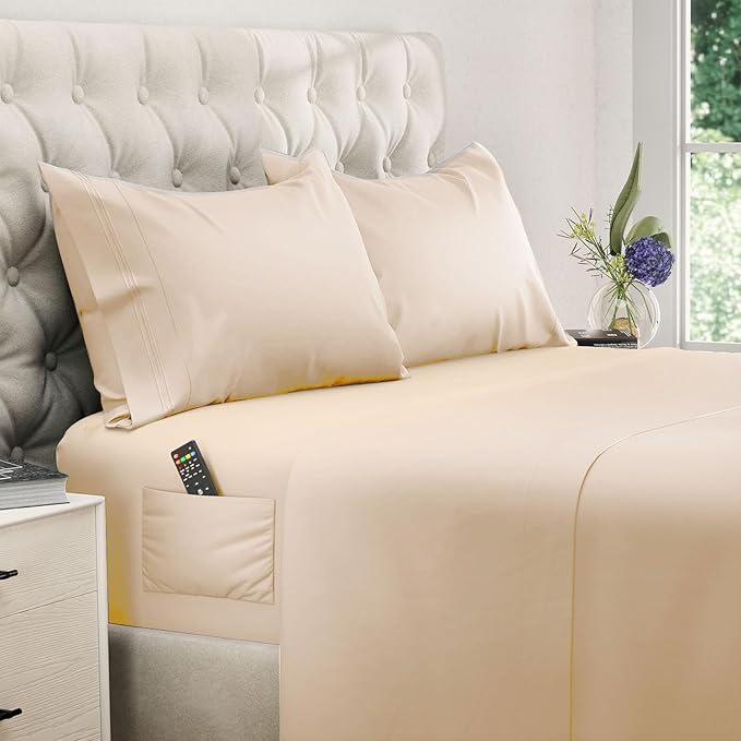DREAMCARE King Size Sheets Set - Cooling Bed Sheets - 4pcs Set - up to 15" Deep Pocket King Sheet Set – Soft & Long Lasting Cooling - 100% Fine Brushed Polyester with Side Pocket, Wheat
