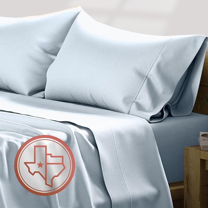 TEXAS LINEN CO. 100% Egyptian Cotton Sheets - Texan Talkin' Collection 600 Series 4 PC California King Size Sheet Set, Cooling, Extra Long Staple Sateen Luxury Bedding, Cal King Sheets - Light Blue