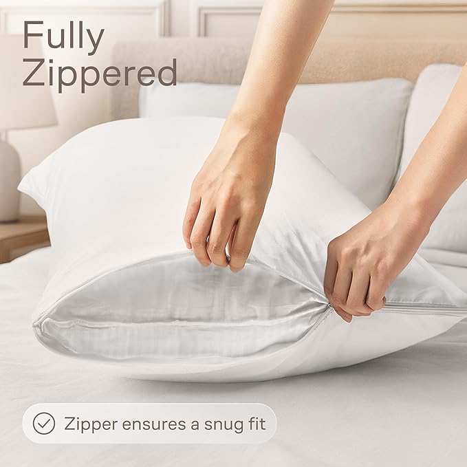 Ultra Soft Pillow Protectors with Zipper Queen Size - Set of 8 Breathable Pillow Covers - 100% Protection Against Stains, Dust & Dirt - Machine Washable (White)