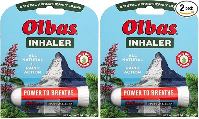 Olbas Inhaler Aromatherapy, Essential Oil Inhaler with Natural Oils, 0.01 Oz, 2 Pack, Pocket Sized Nasal Inhaler Stick for Clear Breathing and Sinus Relief