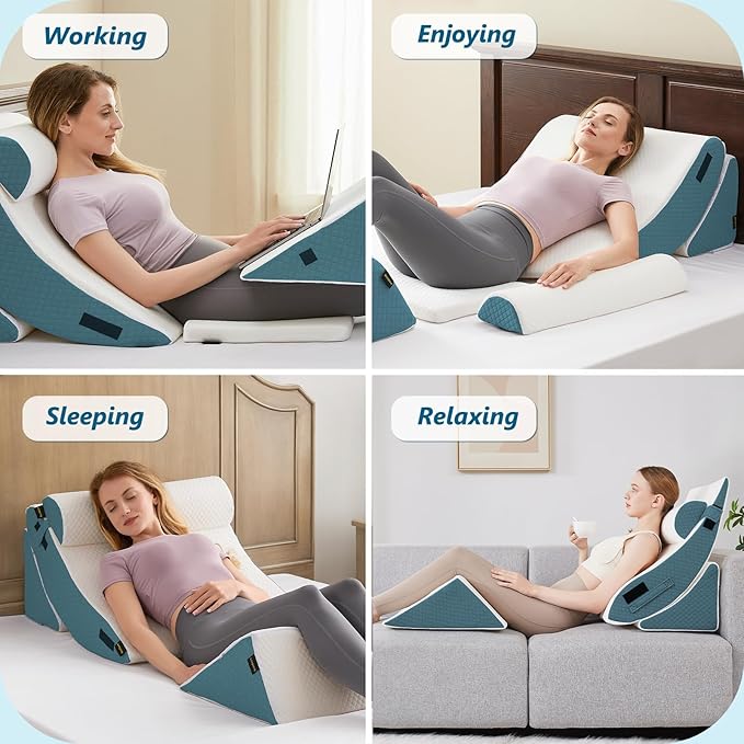 Orthopedic Bed Wedge Pillow Set for Sleeping 6 PCS - Adjustable Triangle Pillow for Neck Leg Support with Washable Cover - 35D Foam Wedge Pillow Post Surgery for GERD & Snoring (White Blue)