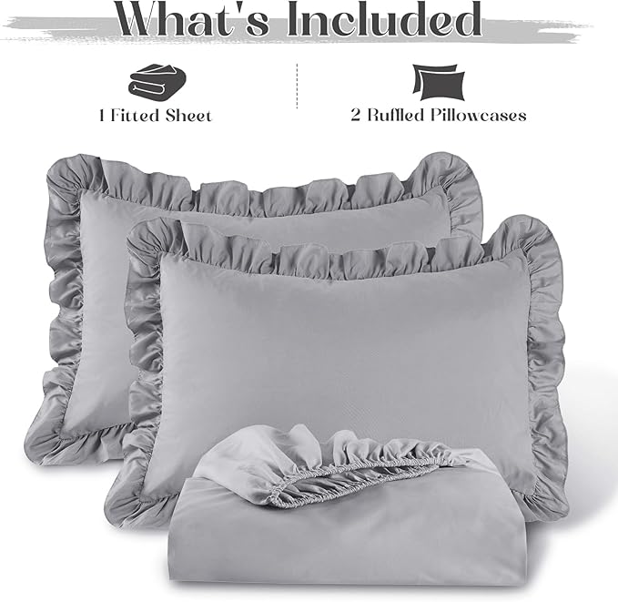 Homiest 3-Pieces Ruffle Pillow Case & Fitted Sheet Set, Grey King Sheets with 2 Ruffled Pillow Shams, 15 Inch Deep Pocket, Cute & Coquette Microfiber Bed Set for Decorating Bedroom Hotel