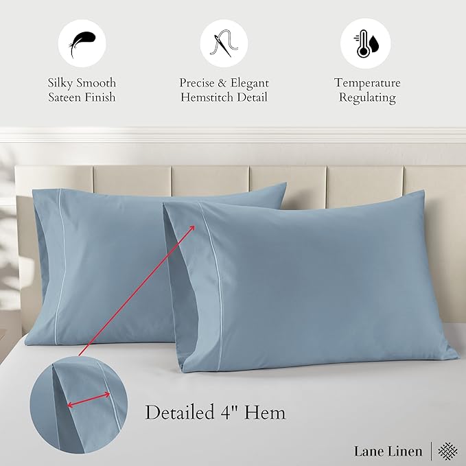 LANE LINEN 100% Egyptian Cotton Pillow Cases Queen Size Set of 2 (20"x30") - - Soft Light Blue Pillow Cases - French Blue