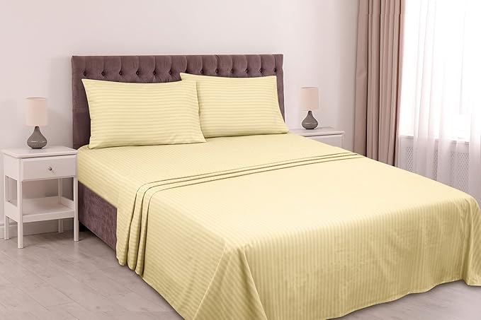 ROYALE LINENS 4 Piece Cal King Sheets Set - Soft Brushed Microfiber Bedding - 1 Fitted, 1 Flat Sheet, 2 Pillow Cases - Wrinkle Free & Fade Resistant - Hotel Luxury Bed Sheets (Stripe Sand, Cal King)