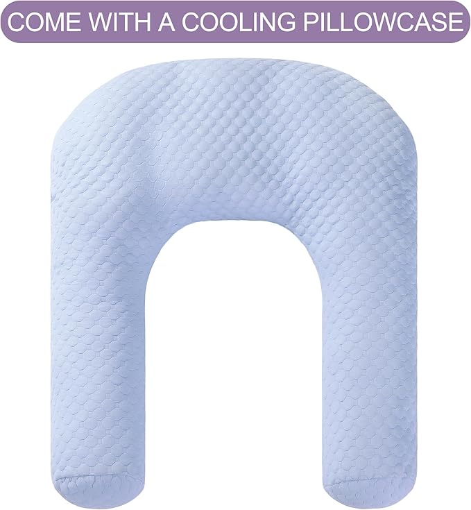 HOMBYS Cooling U Shaped Pillow for Neck, Contour Shoulder Pillow for Side Sleepers, Ergonomic Body Pillows for Adults, Hug Pillow with Washable Cover for Back, Shoulder Pressure Reduce (Light Blue)