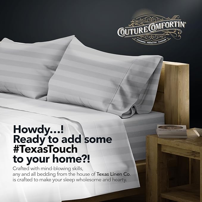 TEXAS LINEN CO. 100% Egyptian Cotton Queen Sheets Set - Luxury 1500 Series Couture Comfortin' Damask Egyptian Cotton Sheets Queen Size Bed Set (4 PC, Silver Stripe), 17" Deep Pocket, Hotel Bedding Set