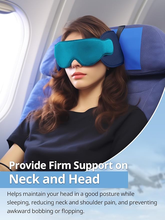 Inspireyes Travel Pillows for Airplanes, 360° Head Support for Long Flight, Soft Airplane Pillow with 3D Eye Mask for Sleeping, Stop Bobblehead, Airplane Headrest Gadgets, Royal Blue