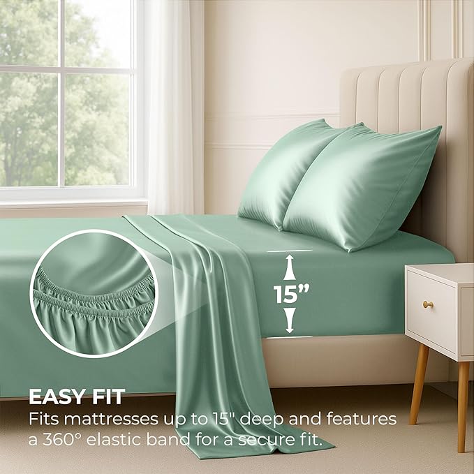 Satin Sheets California King [4-Piece, Champagne Green] Hotel Luxury Silky Bed Sheets - Extra Soft Microfiber Sheet Set, Wrinkle Resistant - Deep Pocket Fitted Sheet, Flat Sheet, Pillow Cases