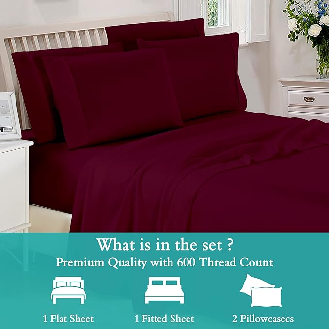 King 4 Pc Sheet Set 600 TC Egyptian Cotton Sheets King Size Cotton Sheets for King Size Bed Sateen Long Staple Deep Pockets Flat Fitted Pillow Case Better Than Percale Hotel Quality Burgundy
