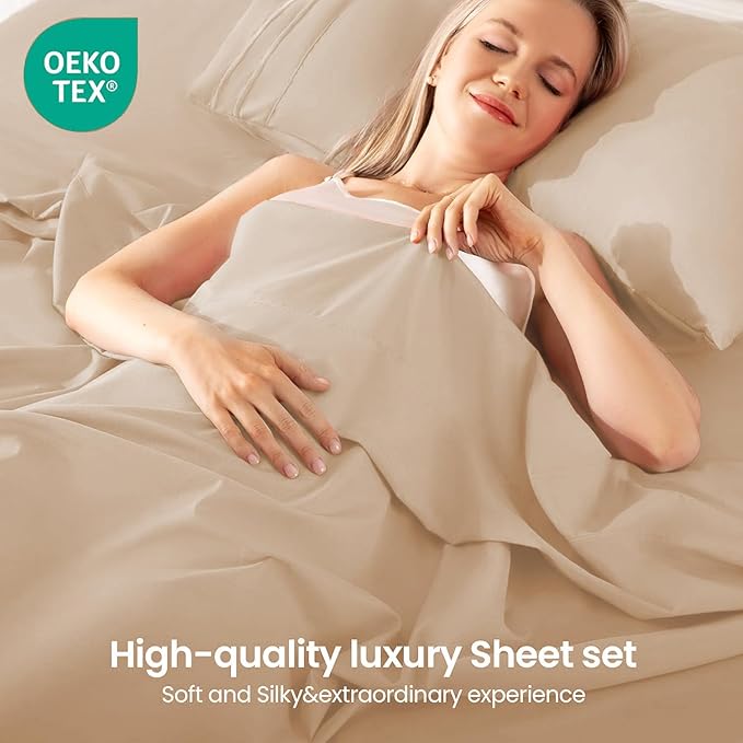 ROSE&RISY Khaki Twin Sheet Set, 3 Pieces Soft Bedding Twin Sheet Set, Breathable and Cooling,Includes Fitted, Flat, Pillow Cases - Deep Pocket (Khaki, Twin)