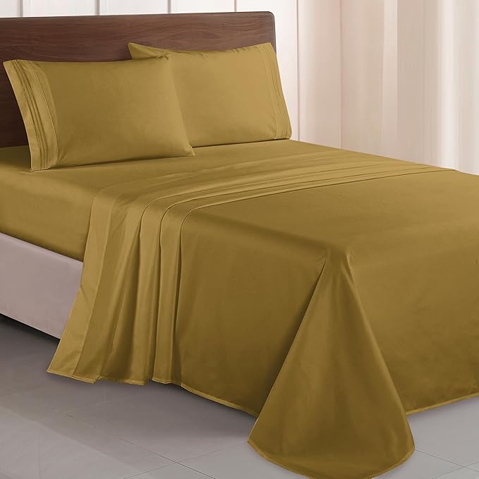 Elegant Comfort Luxurious 1500 Premium Hotel Quality Microfiber Three Line Embroidered Softest 4-Piece Bed Sheet Set, Wrinkle and Fade Resistant, Queen, Bronze
